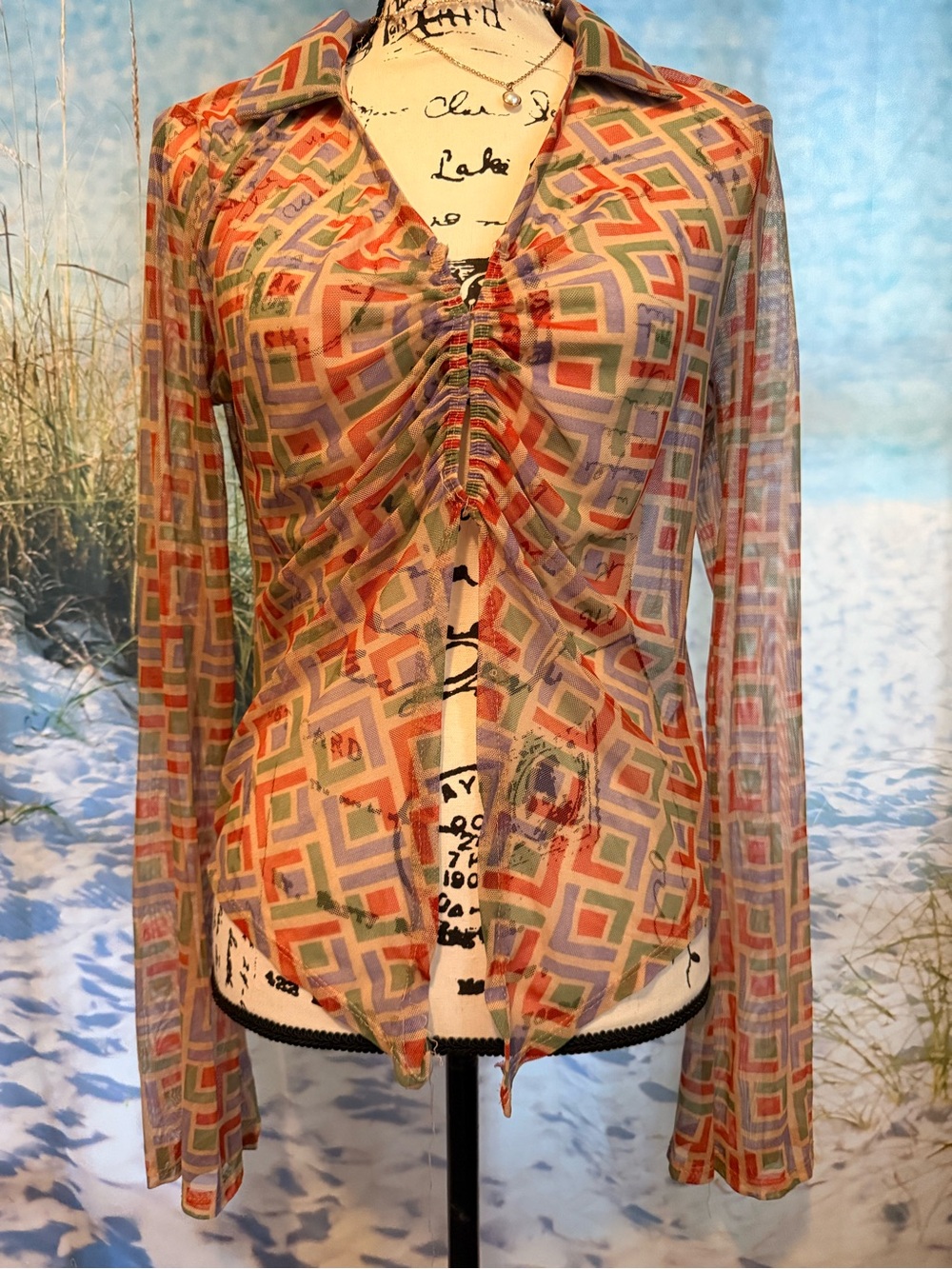 Ruched Collared Button-Front Sheer Top in Multi-Color Geometric Print
